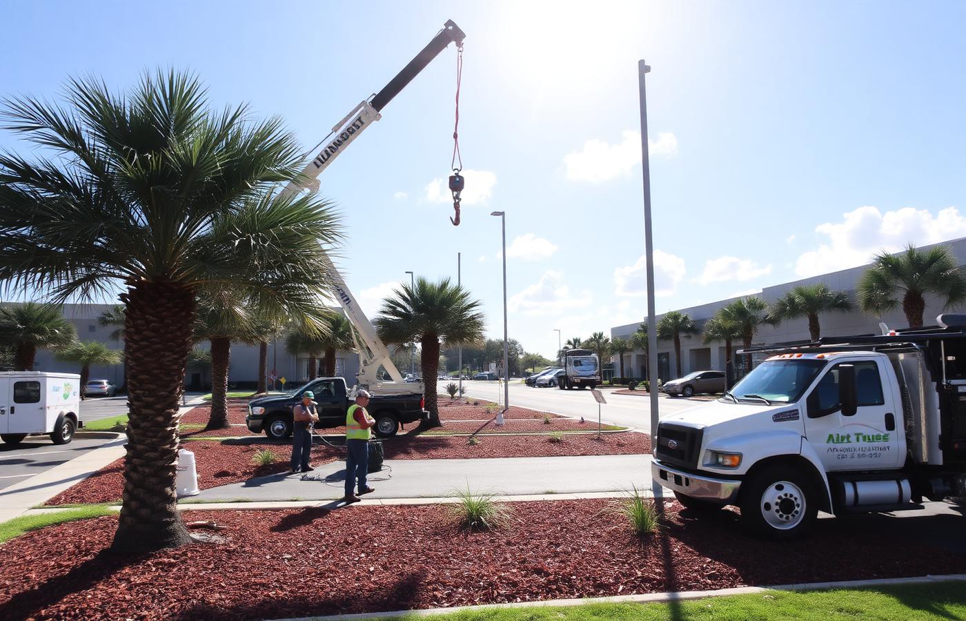 Landscape crew installing palms at a commercial property
